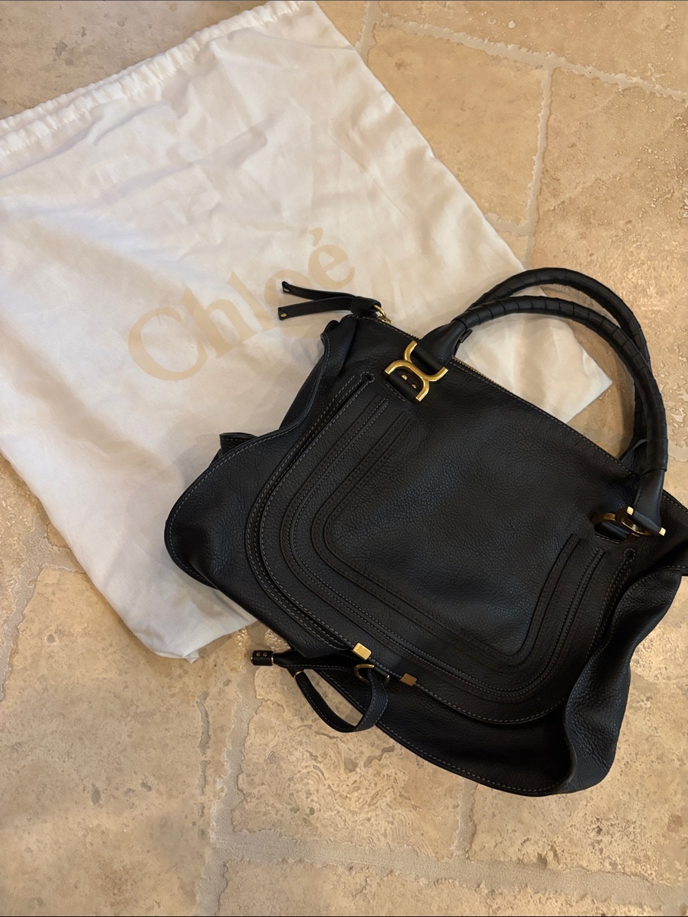 Chloe Black Pebbled Leather Marcie Satchel with Gold Hardware